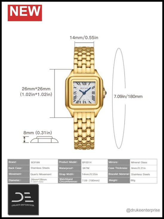 Square Gold Quartz Wrist Watch with Roman Dial Stainless Steel Band